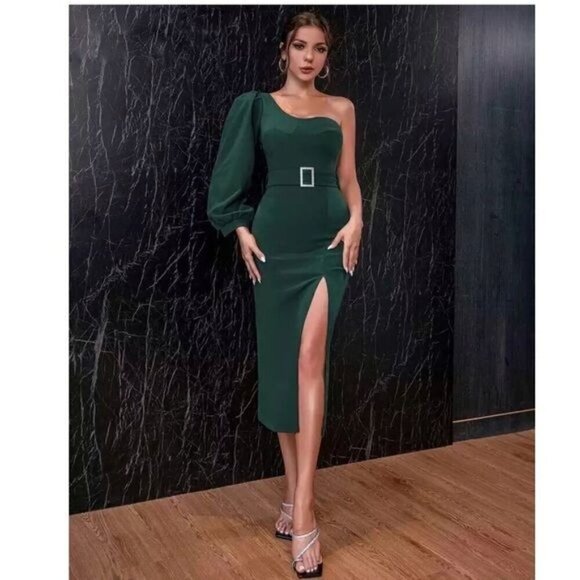 Green Long Sleeve Women Dress Sexy One Shoulder Midi with high split - Picture 6 of 7